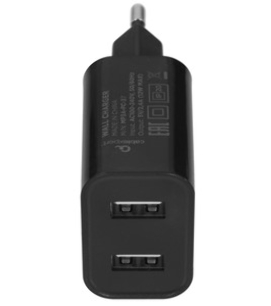 Сетевое зарядное устройство Cablexpert MP3A-PC-37 USB 2 порта, 2.4A, черный + кабель 1м Type-C