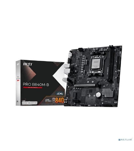 Материнская плата MSI PRO B840M-B, AM5, AMD B840, 2xDDR5, 4xSATA, 2xM.2, 1xPCIe 4.0 x16, 1xPCIe 3.0 x1, 1xHDMI, 1xVGA, 1x2.5Gb LAN, 4xUSB-A 5Gbps, 2xUSB-A 2.0, 3x3.5 мм, 7.1, mATX