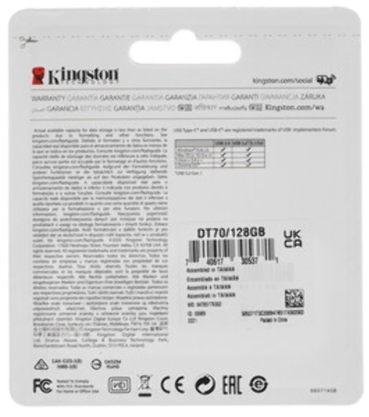 Флешка USB Kingston DataTraveler DT70 (DT70/128Gb), 128Gb, USB Type-C 3.2, R/W 70/45, черный