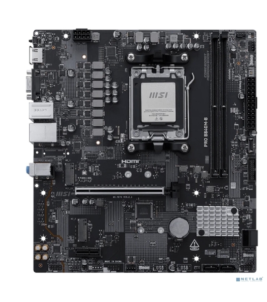 Материнская плата MSI PRO B840M-B, AM5, AMD B840, 2xDDR5, 4xSATA, 2xM.2, 1xPCIe 4.0 x16, 1xPCIe 3.0 x1, 1xHDMI, 1xVGA, 1x2.5Gb LAN, 4xUSB-A 5Gbps, 2xUSB-A 2.0, 3x3.5 мм, 7.1, mATX