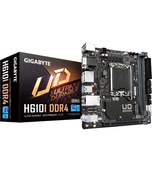 Материнская плата Gigabyte H610I DDR4, LGA 1700, Intel H610, 2xDDR4, 4xSATA, 1xM.2, 1xPCIe 4.0 x16, 1xHDMI, 1xVGA, 2xDP, 1x 1Gb LAN, 2xUSB-A 3.2 Gen 1, 4xUSB-A 2.0, 3x 3.5 мм, 7.1, Mini-ITX