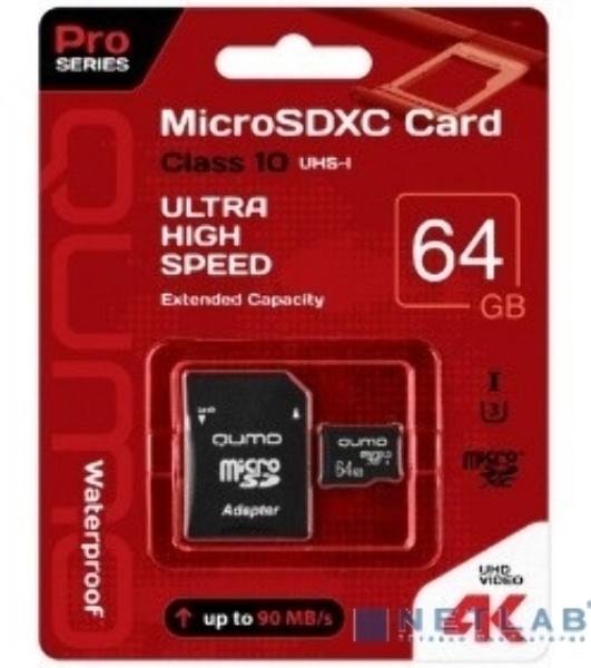 Флеш карта QUMO MicroSDXC 64Gb 90/45 МБ/с UHS-I U3, Pro seria 3.0, адаптер в комплекте SD, красная картонная упаковка