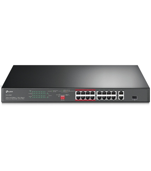 Коммутатор TP-Link 16-port 10/100Mbps + 2-port Gigabit unmanaged switch with 16 PoE+ ports, compliant with 802.3af/at PoE, 150W PoE budget,  support 250m Extend Mode, priority mode and Isolation mode, rackmount, plug and play.