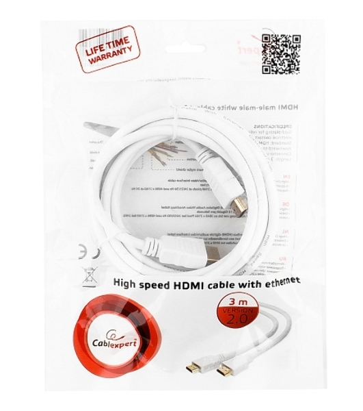 Кабель Cablexpert HDMI CC-HDMI4-W-10, 19M/19M, v2.0, медь, позол.разъемы, экран, 3 м, белый, пакет
