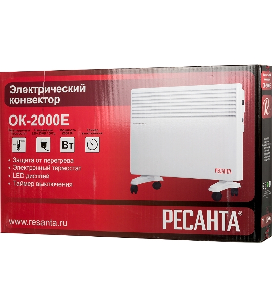 Конвектор электрический Ресанта ОК-2000Е белый, 2000 Вт, 20 м2, термостат, дисплей