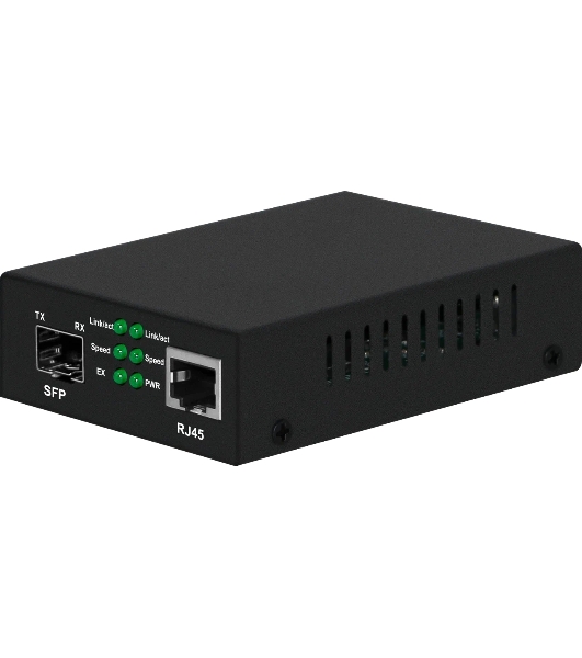 Медиаконвертер Gigabit Ethernet, SFP 1000Мбит/c, RJ45 10/100/1000Мбит/c, поддержка LFP. Металлический корпус. БП DC12V(1A) в комплекте. Размеры (ШхВхГ): 70x25x95мм. Вес: 0,2кг. Рабочая температура: -10…+55°С. Совместим с шасси NS-MCB-14.
