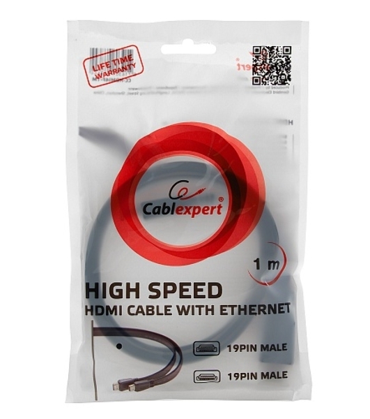 Кабель Cablexpert HDMI CC-HDMI490-15, 19M/19M, v2.0, медь, позол.разъемы, экран, плоский кабель, 1м, черный, пакет