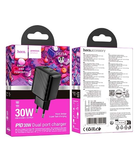 Сетевое зарядное устройство Hoco 30Вт, 3А, QC3.0/PD, 1хUSB, 1хType-C, CS23A, черный, коробка