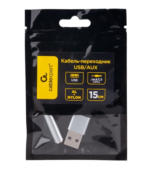 Кабель-переходник AUX Cablexpert CCA-UM3.5F-AL AM/Jack3.5(F), алюминий+нейлон.оплётка, 0.15м, пакет