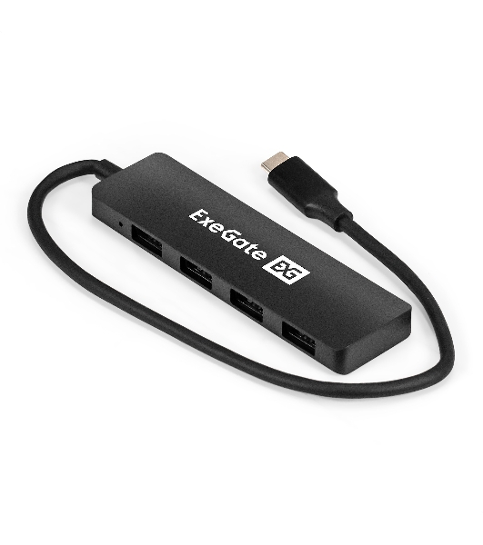 USB-концентратор 4-в-1 ExeGate DUB-4CP/3 (кабель-адаптер USB Type C --> 4xUSB3.0, Plug&Play, черный)