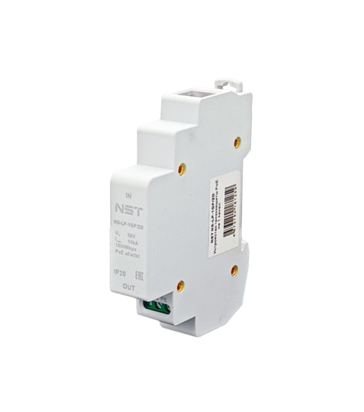 Устройство грозозащиты линий Ethernet + PoE на 1 канал (УЗИП). Класс II. Защищает PoE оборудование, подключенное к линиям Ethernet от наведенного напряжения высоких энергий. Скорость передачи данных: 10/100/1000 Мбит/c. Стандарты PoE: IEEE802.3 af/at/bt до 90W. Защищаемые контакты: 1-8. Номинальное рабочее напряжение Un - 48V DC. Максимльное рабочее напряжение Um - 60V DC. Номинальный ток разряда In - до 5kA. Максимльный ток разряда Imax - до 10kA. Время отклика - до 1нс. Вход - Розетка RJ45, В