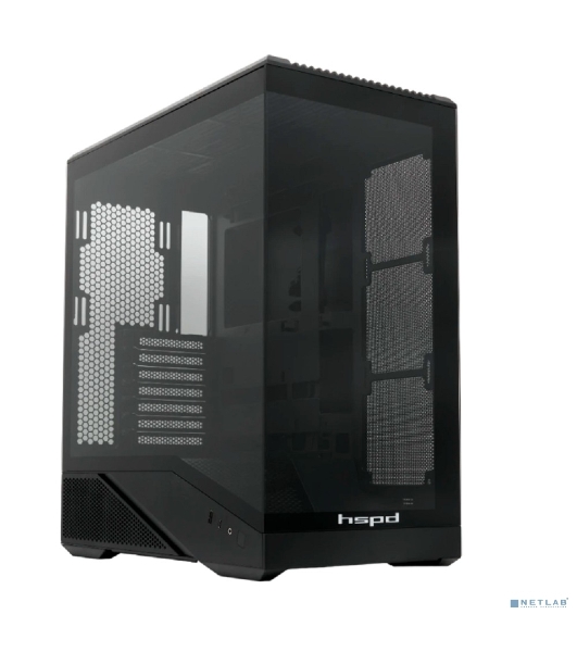 Компьютерный корпус без блока питания HSPD F711-TGbK, Panoramic Full Tower, Black, TG, 0.7 SPCC, no fans ATX, mATX, mITX 190/420/280мм 2x2.5', 2x3.5', 7xPCI 1xUSB-A 3.0, 1xUSB-C 445x235x475мм