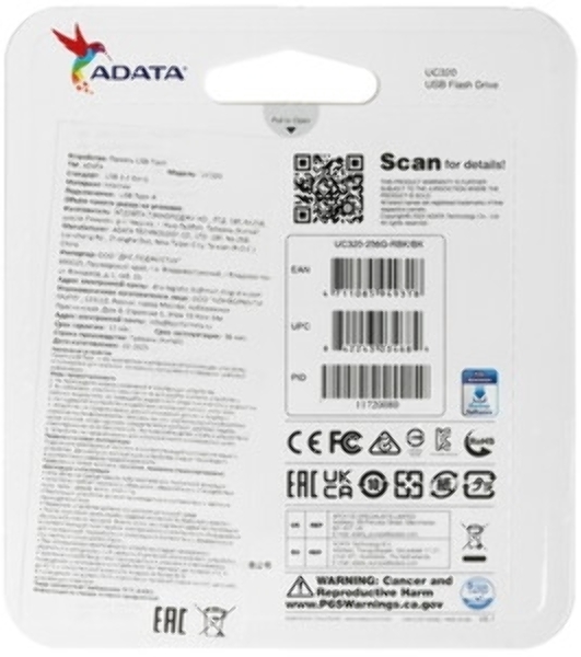 Флешка USB ADATA UC320 (UC320-256G-RBK/BK), 256Gb, USB 3.2, R/W 100/30, черный