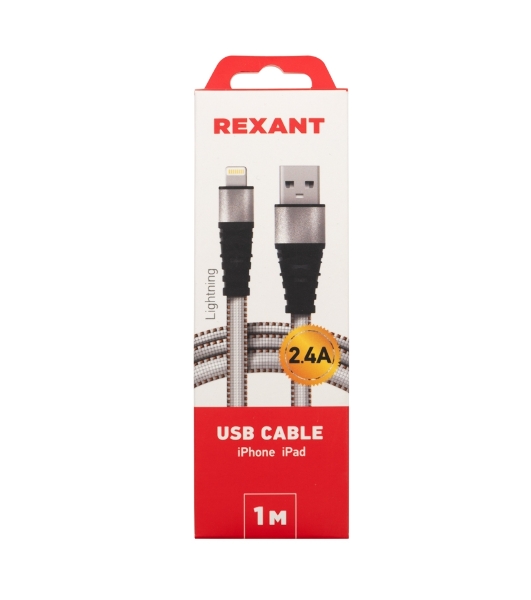 Кабель Rexant USB-Lightning 2.4 A, 1 м, белая нейлоновая оплетка