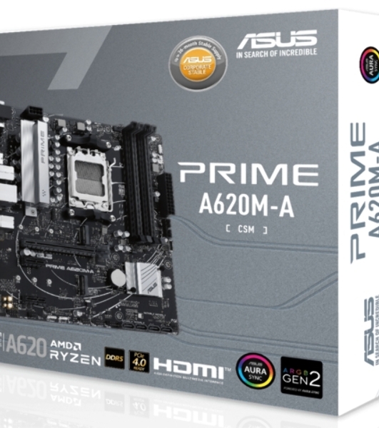 Материнская плата ASUS PRIME A620M-A-CSM, AM5, AMD A620, 2xDDR5, 4xSATA, 2xM.2, 1xPCI-E 4.0 x16, 1xHDMI, 1xDP, 1xVGA, 1x 1Gb LAN, 2xUSB-A 3.2 Gen 1, 4xUSB-A 2.0, 3x3.5 мм, 7.1, Micro-ATX