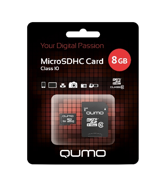 Флеш карта QUMO QM8GMICSDHC10 8Gb MicroSDHC Class 10, SD adapter