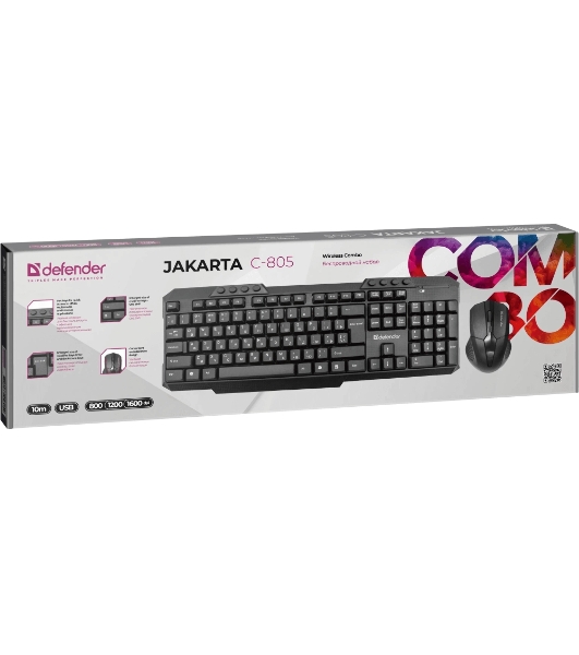Комплект клавиатура+мышь Defender Jakarta C-805 беспроводной, USB, 1600 DPI, чёрный