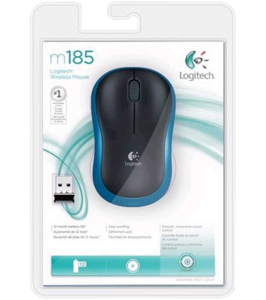Мышь беспроводная Logitech M185 синий, 1000 dpi, радиоканал, USB, кнопки - 3
