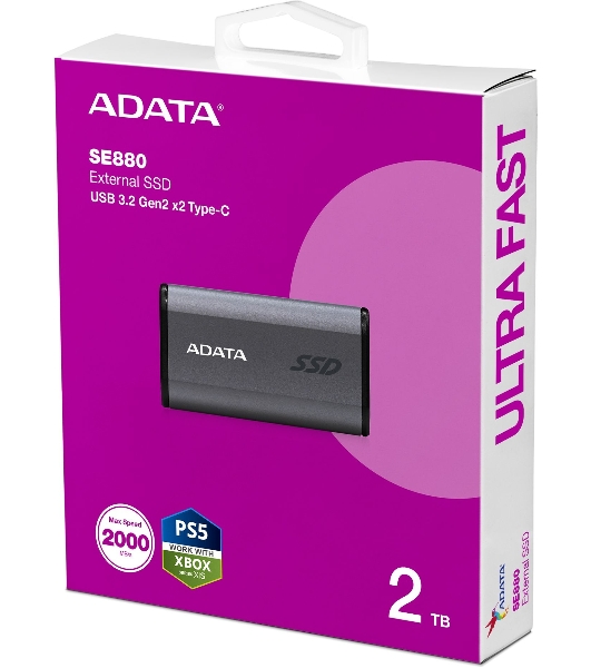 Внешний SSD ADATA Elite SE880, 2TB, USB 3.2 Gen 2x2 Type-C, R/W 2000/2000, серый