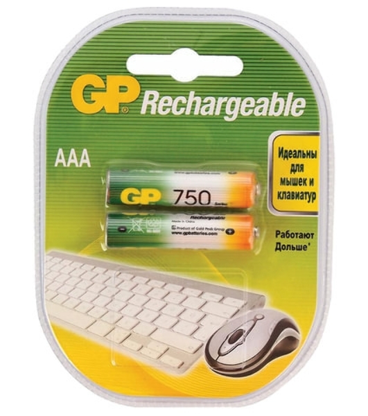 Аккумулятор GP Rechargeable NiMH 75AAAHC 750mAh, 2 шт AAA, 750мАч (2 шт. в клемшеле)