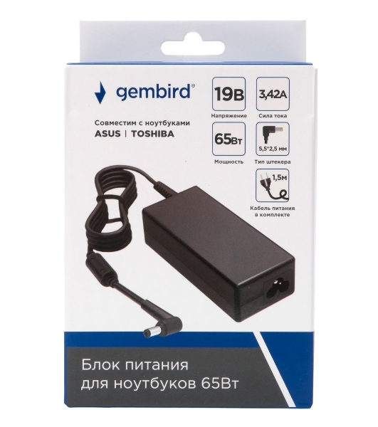 Блок питания Gembird для ноутбуков Asus, Toshiba 19В/3,42А, 65Вт, 1 штекер 5,5х2,5мм (NPA-AC19)