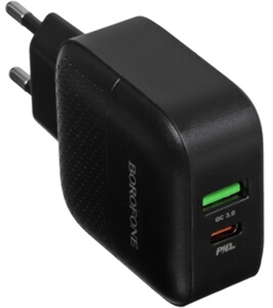 Сетевое зарядное устройство BOROFONE BA46A Premium, один порт USB, один порт Type-C, PD, 18W, 5V, 3.0A, черный